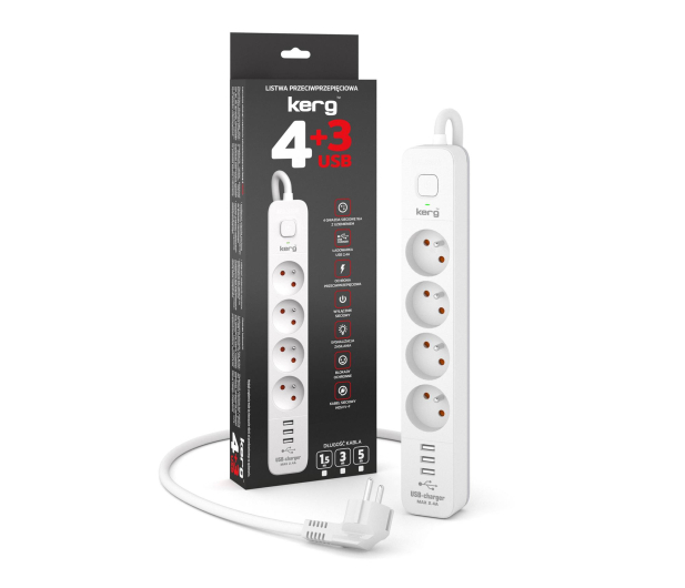 KERG listwa zasilająca z wyłącznikiem 4 gniazda 3USB biało szary 16A 1,5m - 1317931 - zdjęcie 2